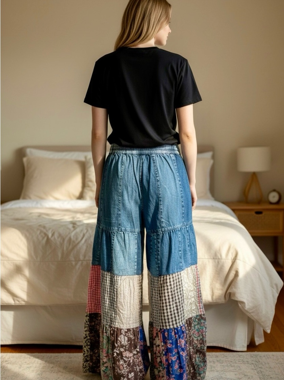 Young Threads Wide Leg Boho Patchwork Pants – Blue Denim Panel NWT - Picture 3 of 10